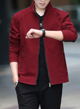 本命年红色外套男中年父亲夹克纯棉潮流休闲百搭40岁上衣加绒男装