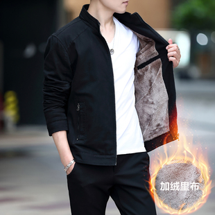 黑色纯棉夹克衫男秋冬季潮流休闲上衣服男装中年爸爸加绒短款外套