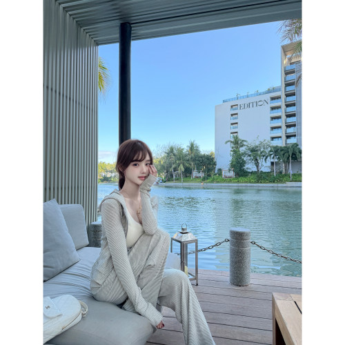 若语定制 条纹天菜组 95舒适棉防晒套装休闲风开衫吊带裤子三件套