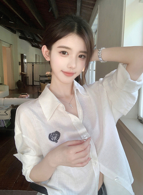 若语定制 RL温网限定 气质休闲30亚麻刺绣宽松白衬衫长袖早秋新款
