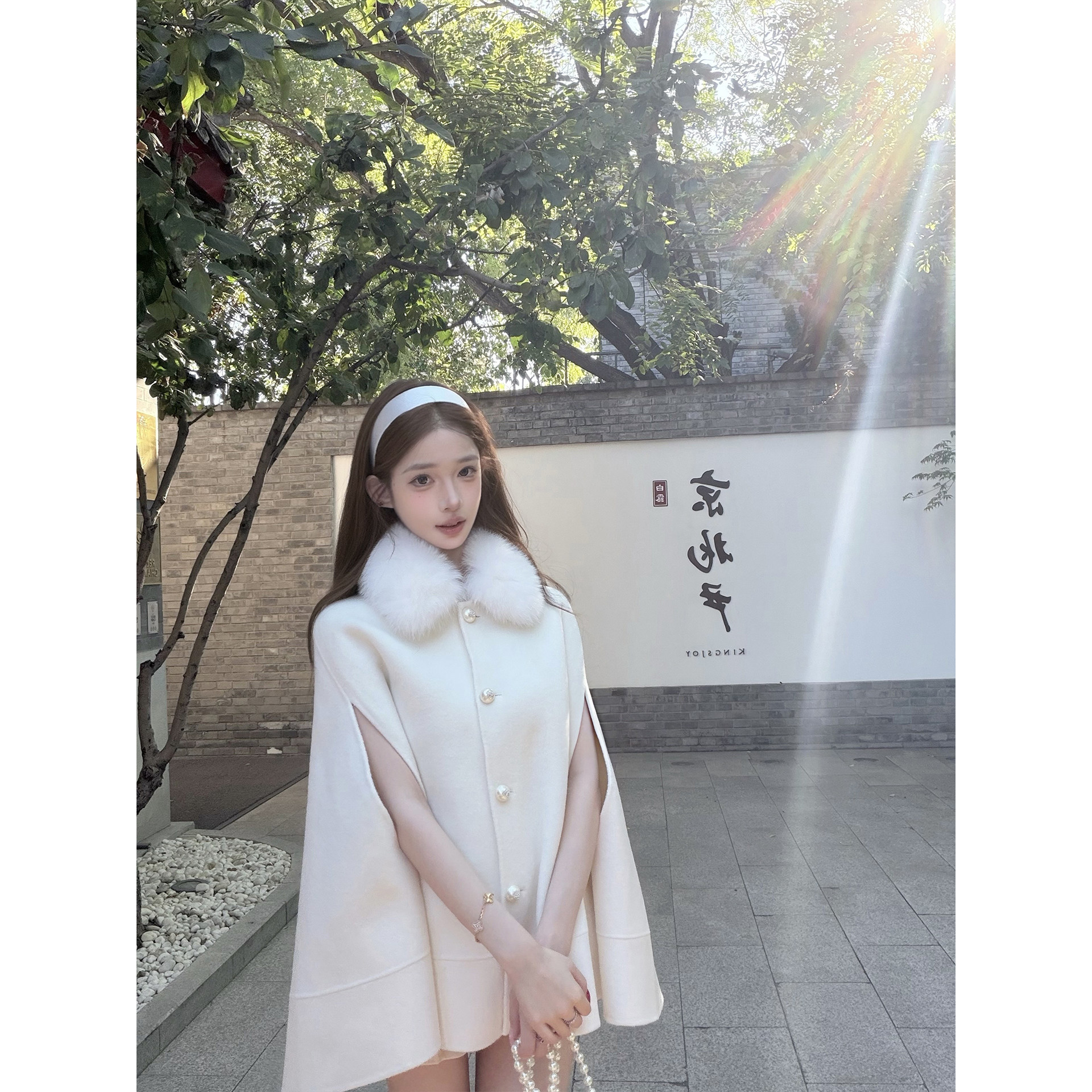 若语定制 京圈贵女 狐狸毛毛领全羊毛斗篷外套高级感气质名媛大衣