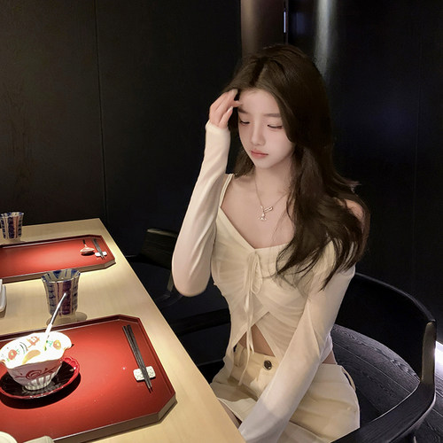 若语定制 氧气美女83天丝冰感微透系带上衣纯色慵懒性感长袖罩衫
