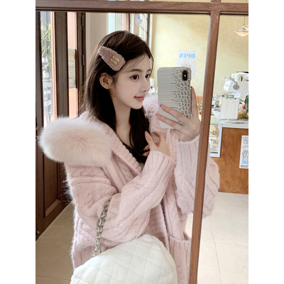 若语定制 软糯奶昔包 狐狸毛连帽羊毛针织开衫毛衣外套秋冬加厚款