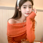 若语定制 女 爱ma仕橙一字肩ju显白羊毛上衣纯色宽松百搭针织衫
