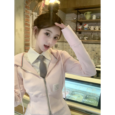 若语定制 清潭艺高 tb定染甜粉连帽卫衣开衫上衣+半裙套装秋冬款