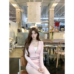 樱花套装 秋冬新款 麻花针织开衫 套装 气质名媛穿搭 喇叭裤 若语定制