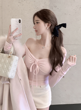 若语定制 娇柔oni 德绒韩女粉一字肩系带上衣纯欲气质性感打底衫