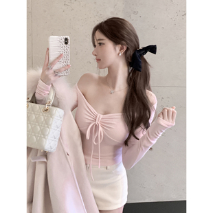 若语定制 娇柔oni 德绒韩女粉一字肩系带上衣纯欲气质性感打底衫