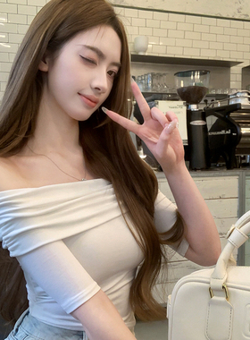 若语定制 贵娇oni 高弹一字肩抽褶中袖气质名媛纯欲露肩弹力上衣