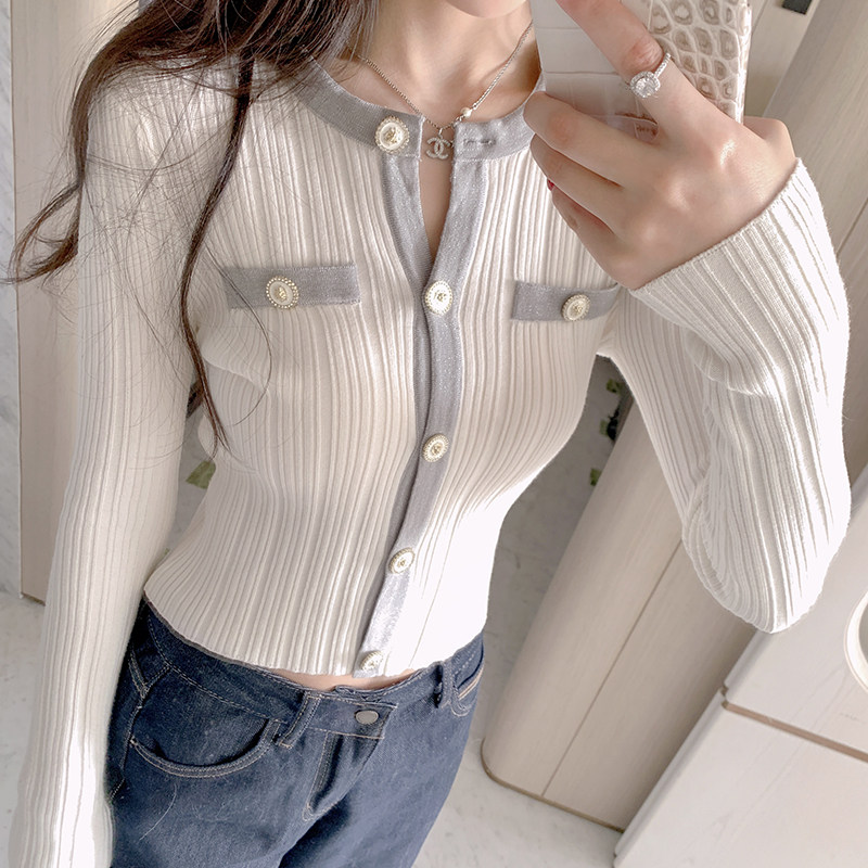 克鲁千金细闪灰撞色显瘦针织上衣