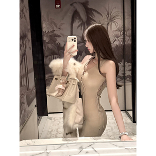 若语定制 小说女主 纯欲气质性感内搭绑带设计镂空连衣裙礼服裙