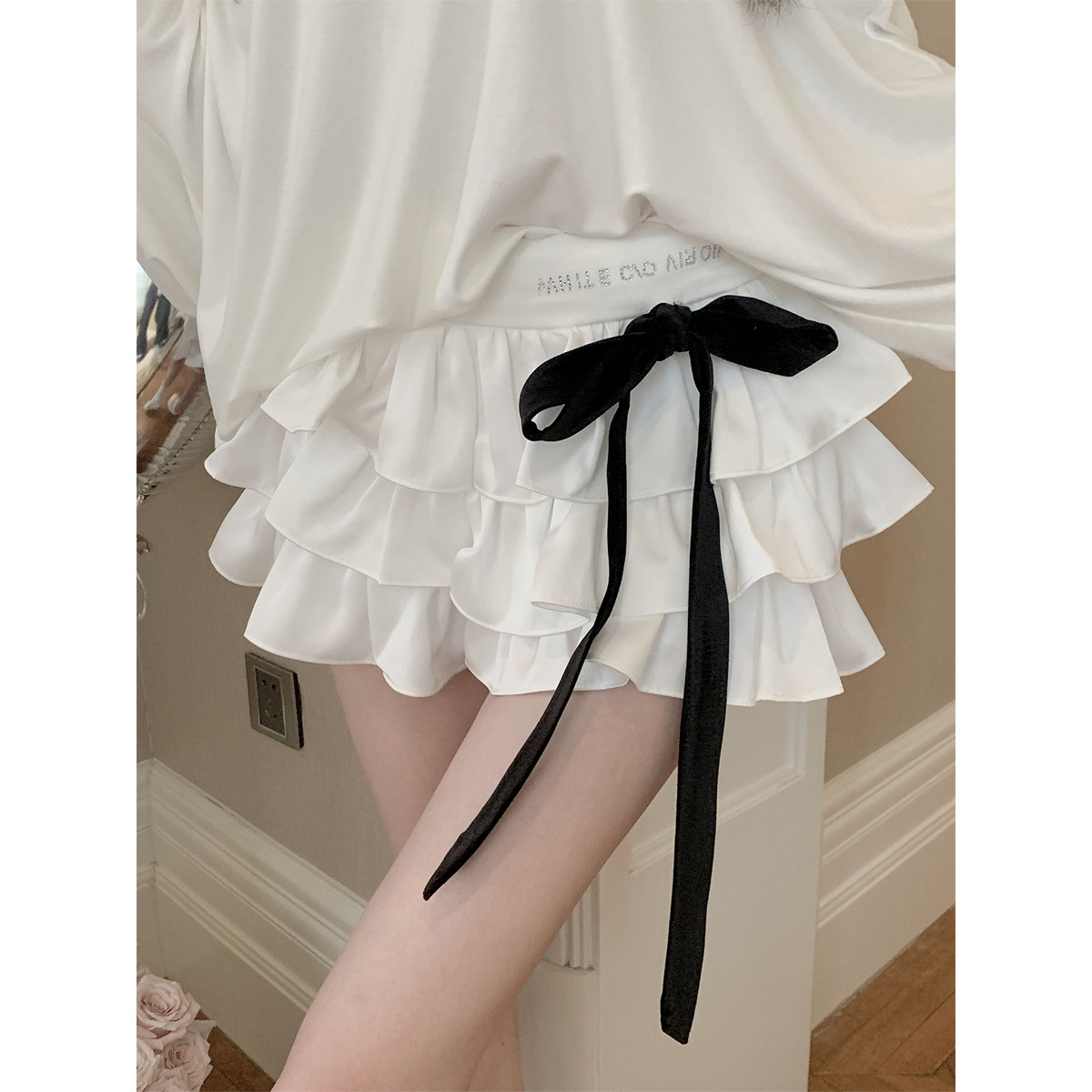 若语定制 缎面千层 蝴蝶结缎面烫钻三层重工蛋糕裙百搭半身裙短裙