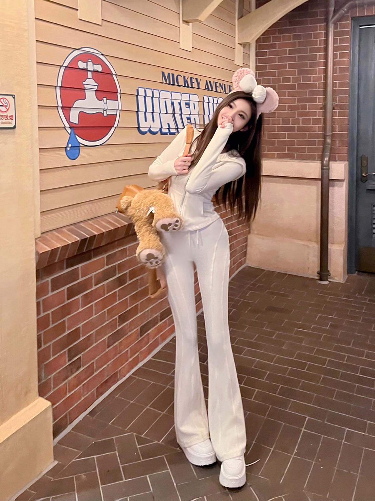 RUOYU 맞춤형 마카롱 1U1U 베이비 터치 캐주얼 후드 허리 스웨트 셔츠 마이크로 플레어 팬츠 컨투어링 세트