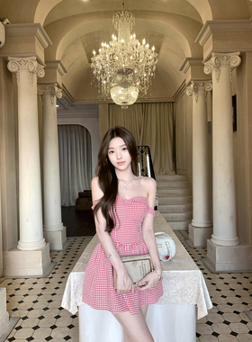 若语定制 霉霉同款 ref*心形一字肩收腰短裙纯欲格纹抹胸连衣裙夏