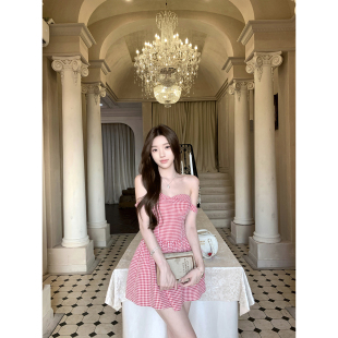 若语定制 霉霉同款 ref*心形一字肩收腰短裙纯欲格纹抹胸连衣裙夏
