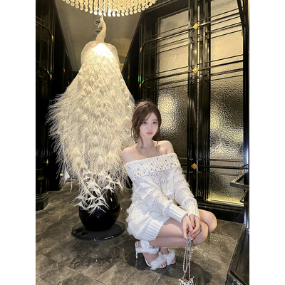 若语定制 富家小女 一字肩多穿钉钻镂空上衣纯欲性感露肩打底衫