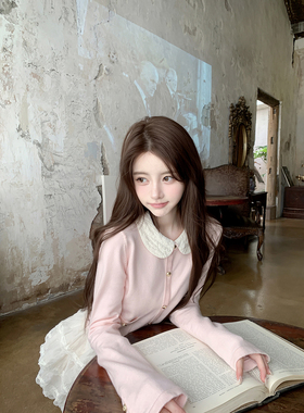 若语定制奶油小香 25B粉色小香可拆卸娃娃领针织开衫外套早秋上衣