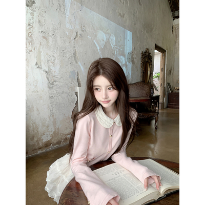 若语定制奶油小香 25B粉色小香可拆卸娃娃领针织开衫外套早秋上衣