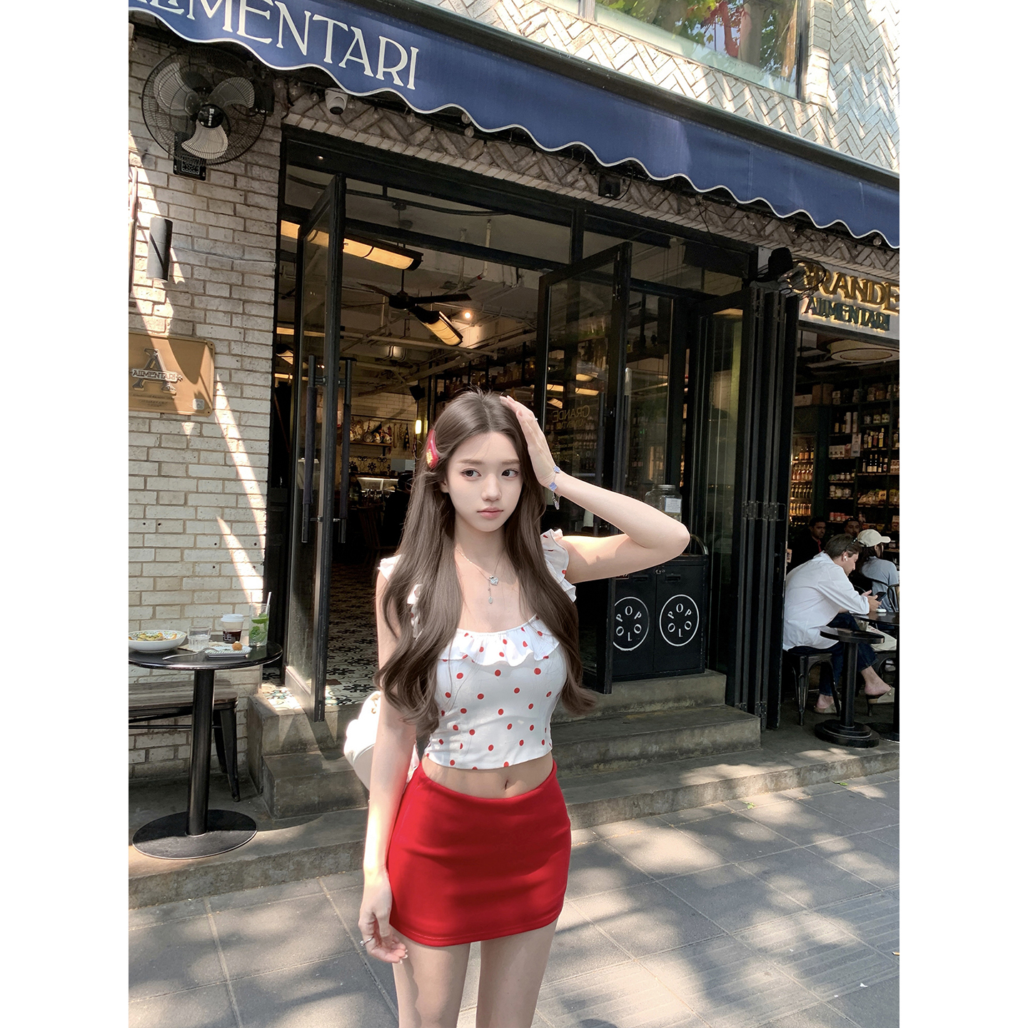 若语定制 失落樱桃 大U领荷叶边两穿红波点上衣女无袖一字肩夏季