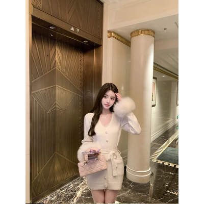 若语定制 智性大女主 100狐狸毛v领羊毛连衣裙纯欲气质名媛裙子