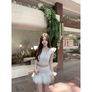 上衣半身裙套装 若语定制 蕾丝短袖 重工塔克褶小飞袖 白月光天花板