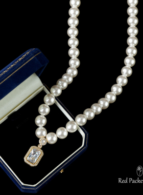 红口袋 法式复古宫廷风珍珠项链轻奢超闪锆石吊坠贝珠锁骨链饰品