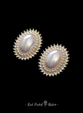 红口袋 法式复古轻奢珍珠耳环椭圆优雅高级S925银针耳钉写真饰品