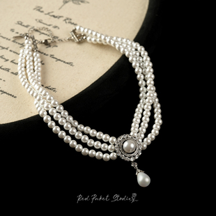 红口袋 复古高级感多层珍珠项链颈链三层珍珠choker礼服写真 法式