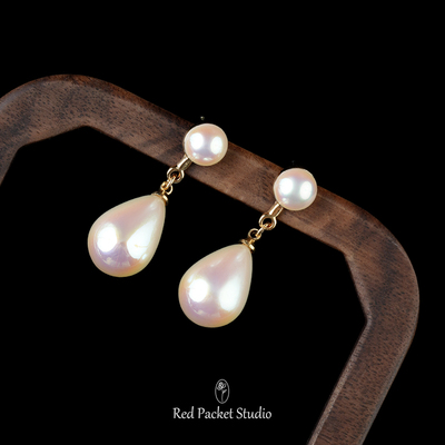 红口袋法式复古优雅高级感珍珠耳环S925银针水滴气质礼服旗袍耳坠