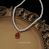 红口袋 宫廷复古法式 珍珠项链水滴红宝石吊坠锁骨链女晚礼服饰品