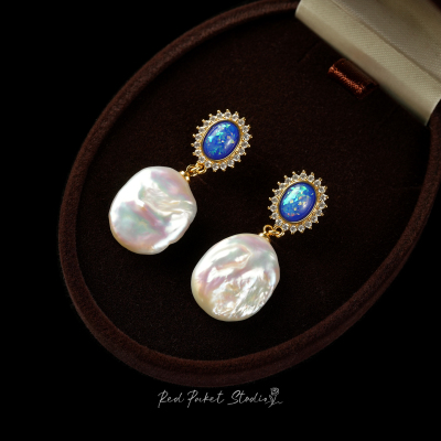 红口袋法式淡水巴洛克珍珠耳环