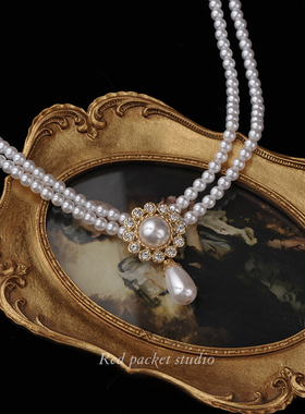 红口袋 复古宫廷风珍珠项链钻石花型颈链新娘婚礼婚纱伴娘choker