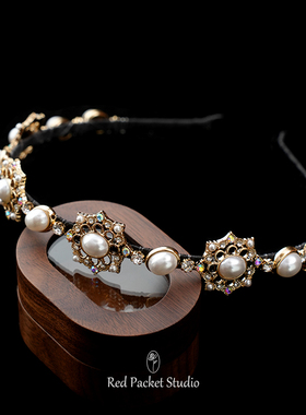 红口袋法式复古宫廷风珍珠发箍优雅超仙甜美百搭水钻珍珠发饰发箍