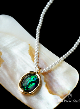 红口袋 法式复古高级感轻奢施家珍珠项链3mm珍珠绿色吊坠锁骨链