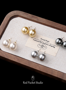 红口袋法式轻奢高亮仿施家珍珠S925银针耳钉银灰色蚊香盘耳夹耳饰