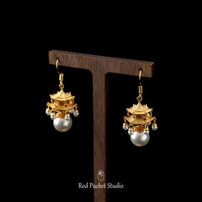 红口袋 复古新中式珍珠立体镂空宫灯耳钩中国风流苏耳环耳坠写真