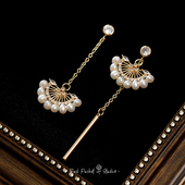 红口袋 天然淡水珍珠手作复古扇形耳环不对称新中式 扇子银针耳坠