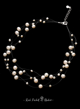 红口袋 法式复古天然淡水珍珠项链多层并排满天星锁骨链新娘写真