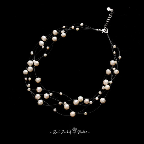 红口袋淡水珍珠多层项链满天星