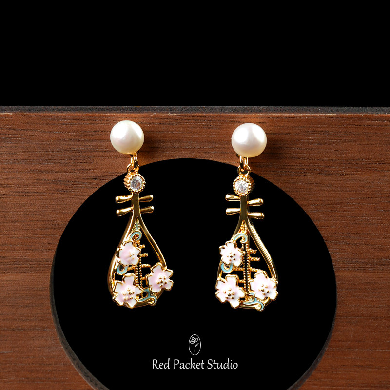 红口袋新中式复古天然淡水珍珠S925银针耳环琵琶桃花绝美国风耳饰