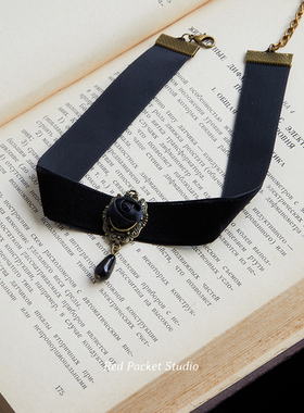 红口袋 复古哥特黑色丝绒玫瑰花锁骨链choker软妹颈带OL项链女