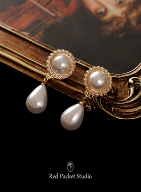 红口袋 复古vintage耳钉珍珠耳环耳夹法式港风新娘耳饰气质小众女