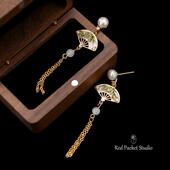 红口袋复古新中式 天然淡水珍珠扇子耳环竹叶流苏S925银针旗袍耳坠