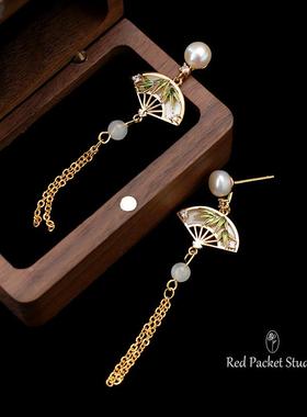 红口袋复古新中式天然淡水珍珠扇子耳环竹叶流苏S925银针旗袍耳坠