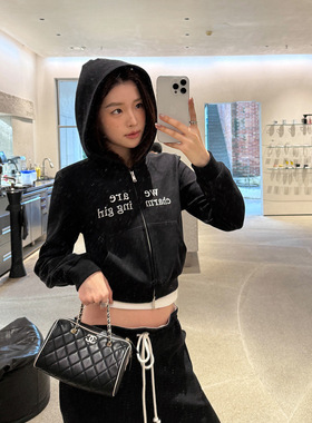 趋梦DT ETOLIE百搭美式刺绣英文连帽卫衣外套女春款短款长袖上衣