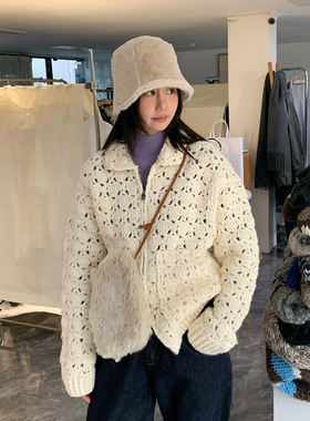 SROOM 2026新款羊毛混纺纯手工勾花重工镂空翻领长袖针织毛衣开衫