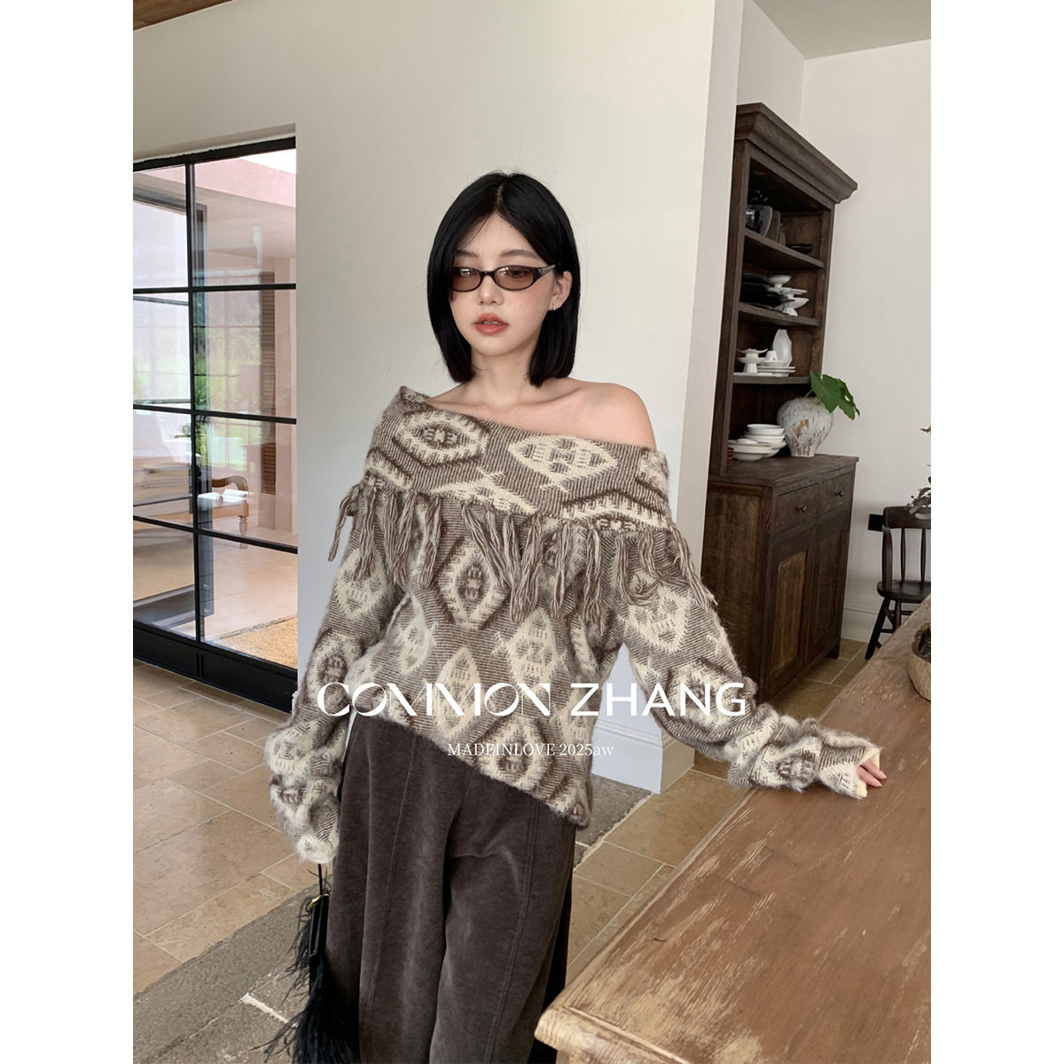 CZ ZHANG 2025新款复古围巾领翻领流苏提花一字领宽松百搭针织衫