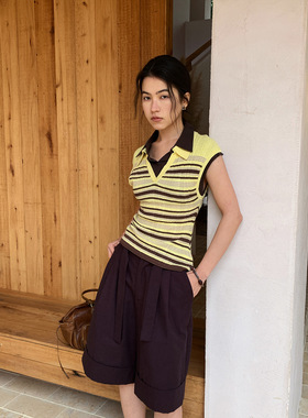 NEIHE内赫2026 春新款女装毛织拼棱织条纹修身无袖针织衫