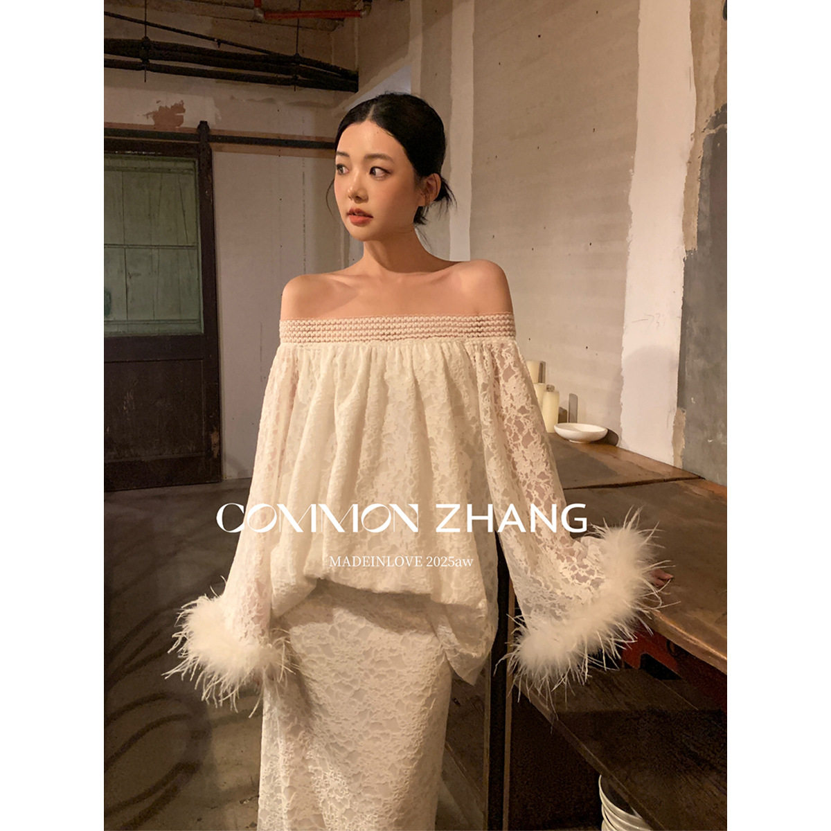 CZ ZHANG 2025新款名媛风一字领网纱蕾丝小衫宽松年会礼服上衣