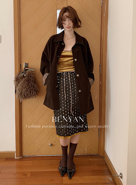 BENYAN本言 2025法式复古亮片设计丝绒拼接绑带松紧腰气质半身裙